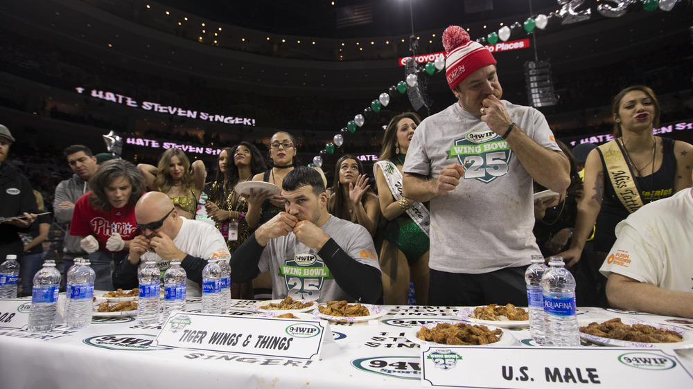 Contestants eating at the Philadelphia Wing Bowl