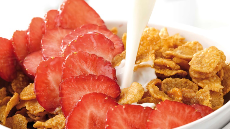 Corn flake cereal with strawberries