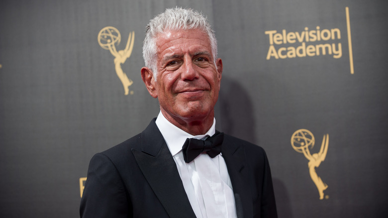 Anthony Bourdain in a tux on the red carpet