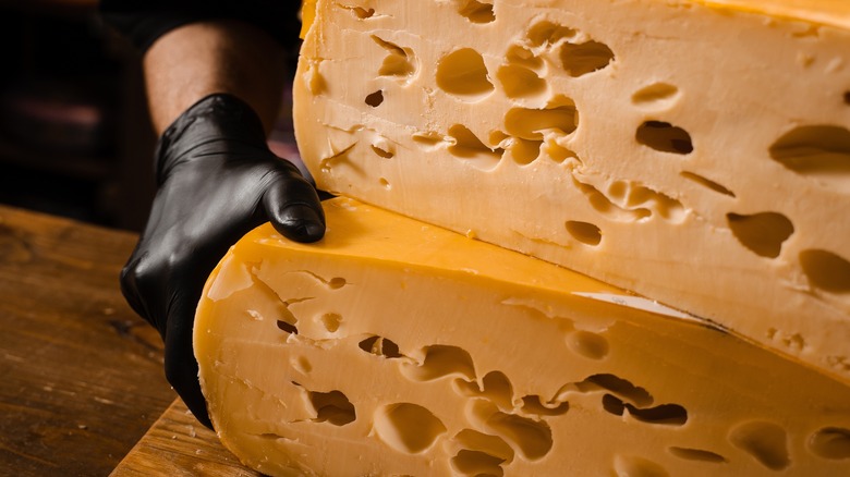 Gloved hand against big blocks of cheese