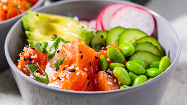 Close-up of salmon poke bowl