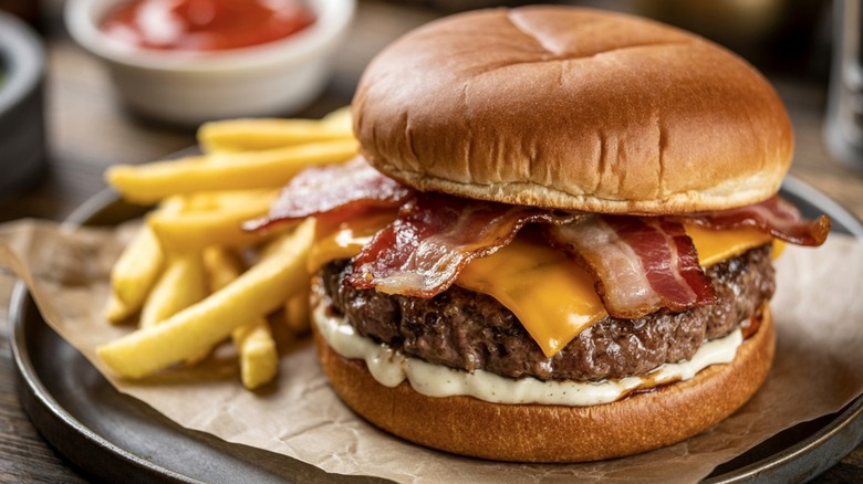 A burger served with fries and ketchup.