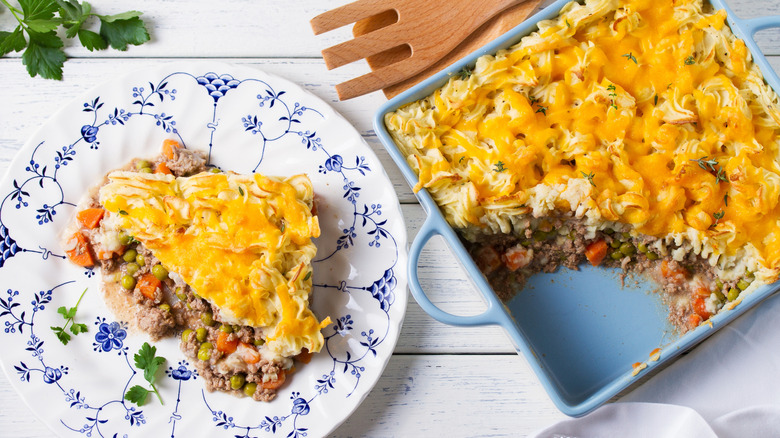 Shepherd's pie in baking dish and on a plate