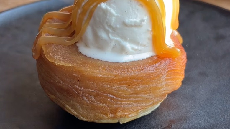 apple pastry scoop of ice cream and caramel drizzle