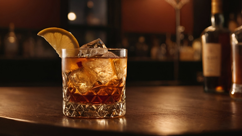 A classic old fashioned cocktail on a bar top in a rocks glass