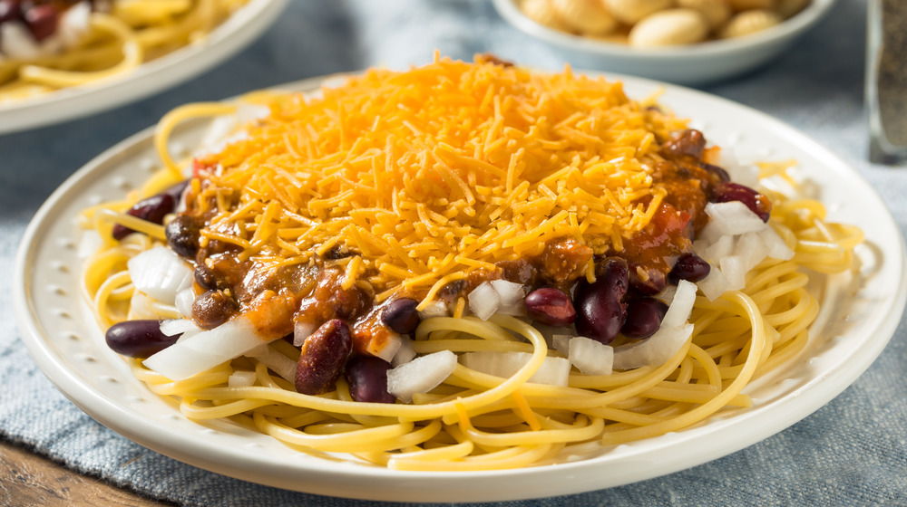 Skyline Chili served over spaghetti