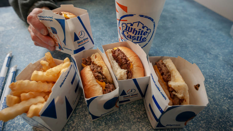White Castle burgers and fries and drink 