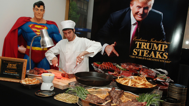 Trump Steaks launch. Chef cutting steak