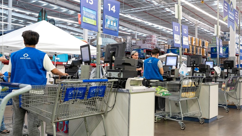 The checkout lanes inside a Sam's Club location.