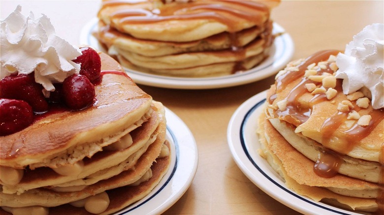 three plates of IHOP pancakes