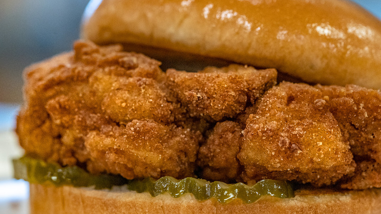 Close-up of breaded cauliflower in Chick-fil-A sandwich