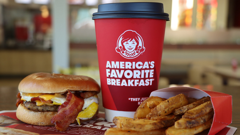 Wendy's coffee, sandwich, and potatoes