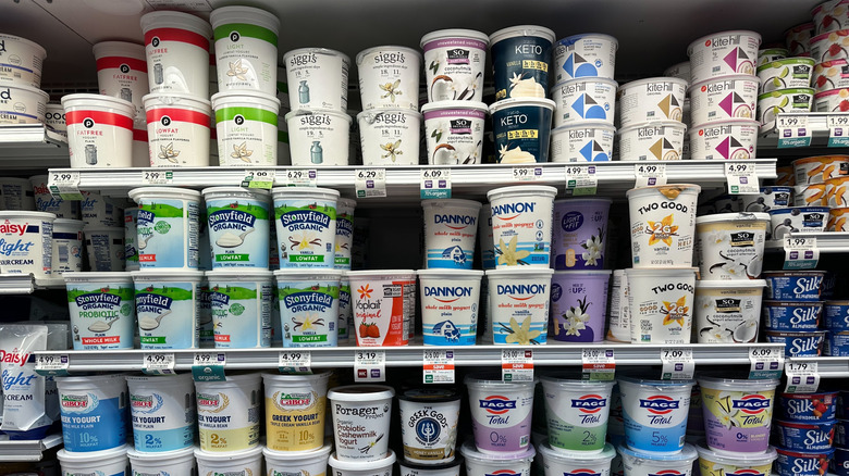 Various yogurt brands on grocery store shelf.