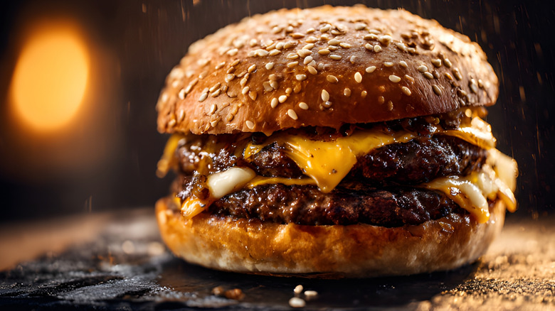 Close up of a double cheeseburger on sesame bun
