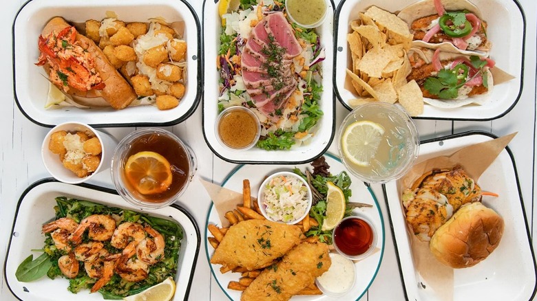 Various dishes and drinks from Brown Bag Seafood