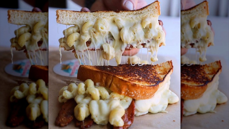 Mac and cheese grilled cheese, split in half