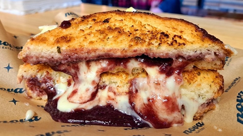 grilled cheese cut in half oozing with cheese and blackberry jam