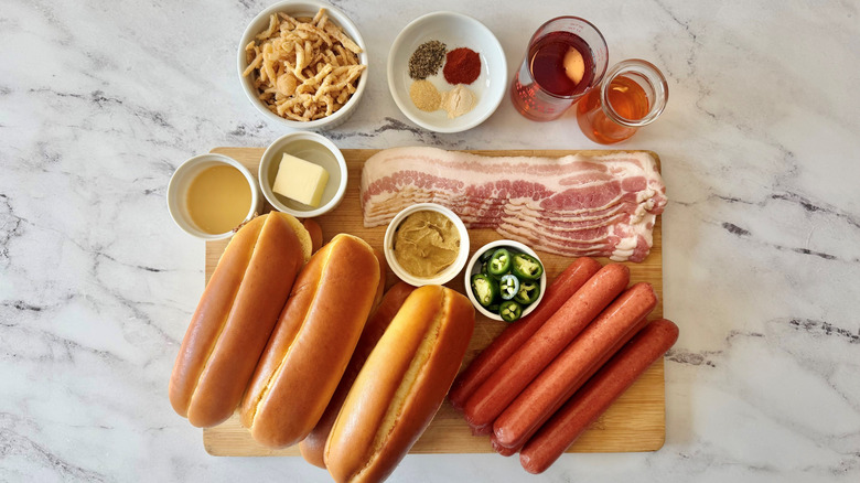 Ingredients for bacon-wrapped hot dogs with maple-bourbon sauce