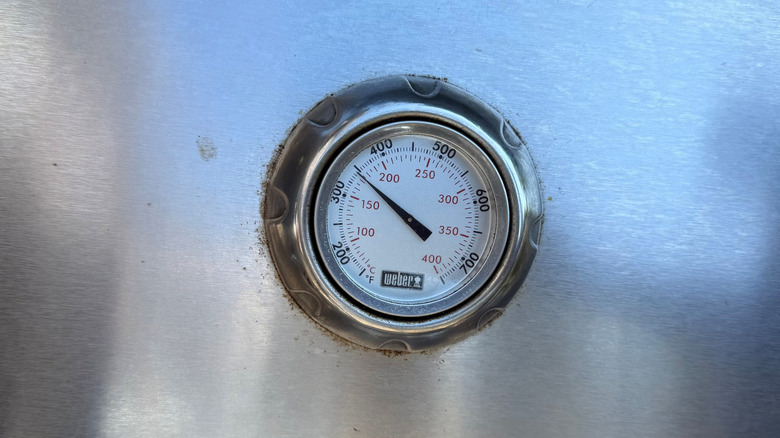 Grill temperature gauge set to 350 F