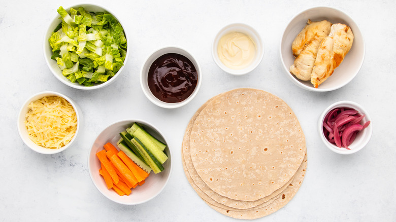 BBQ chicken and crunchy veggie wrap ingredients laid out