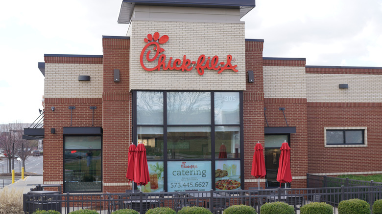 Chick-fil-A building exterior with outdoor seating