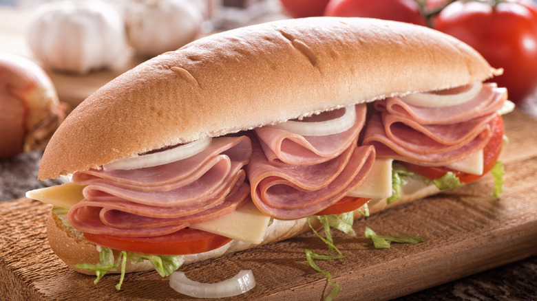 A sub with lots of folded deli meats