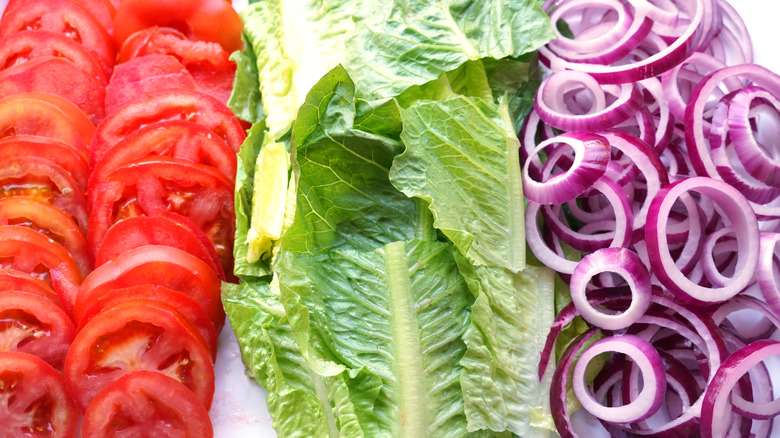 A plate of sliced tomatoes, lettuce, and red onions