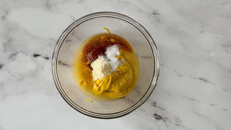 Carolina-style BBQ sauce ingredients unmixed in bowl