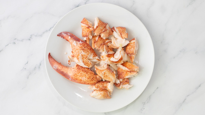 chunks of lobster meat on plate on marble surface