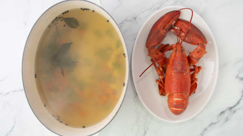 aerial view of lobster on plate next to pot of broth containing veggies