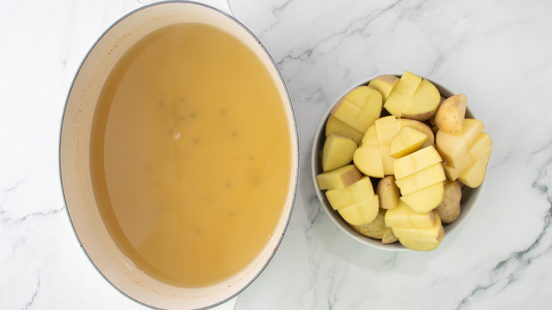 potato chunks on plate next to pot of broth