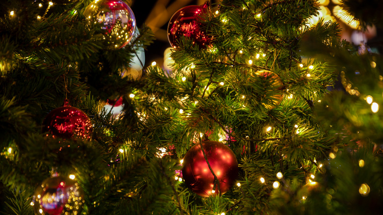 Lit up Christmas tree with ornaments