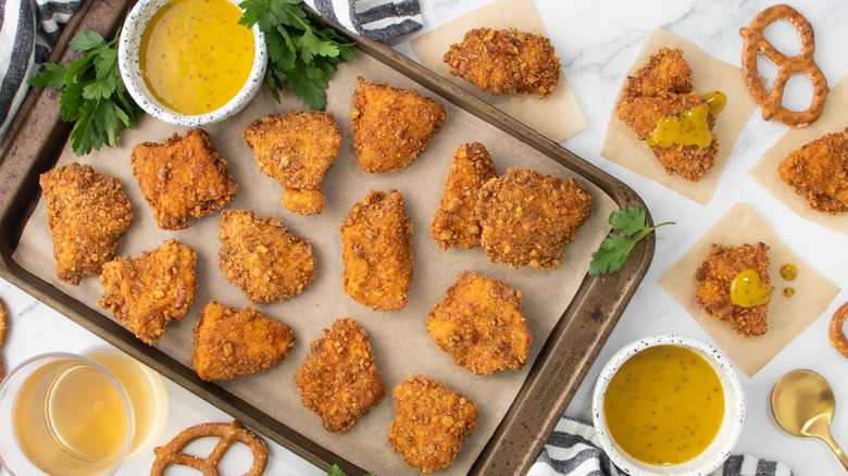 chicken nuggets on a baking pan