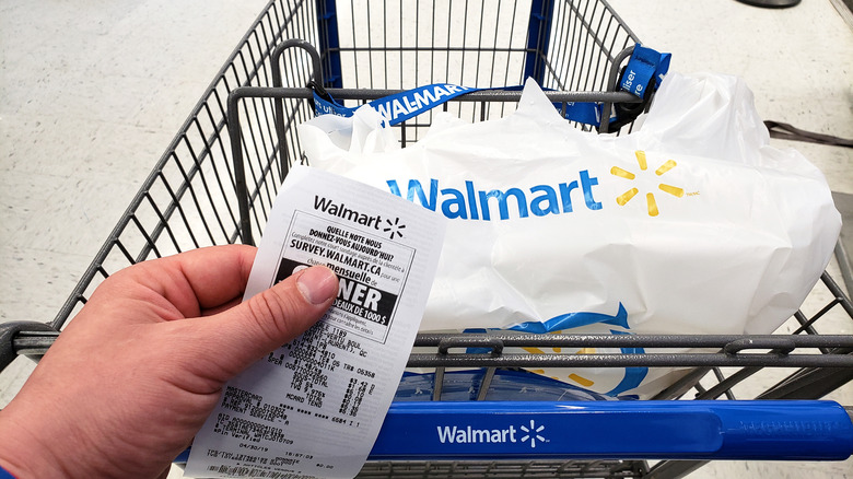 Walmart cart, bag, and receipt