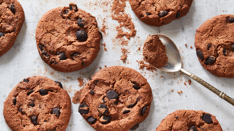 Chocolate chip cookies with spoon of cocoa powder