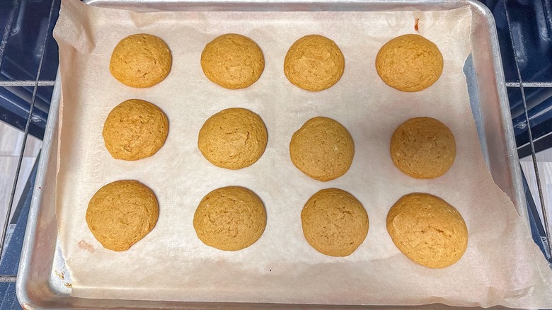 Baked whoopie pie cookies on baking sheet