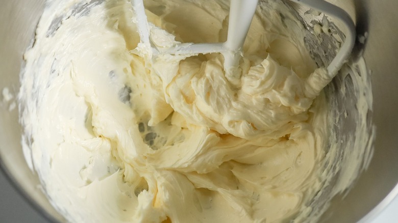 Beaten cream cheese and butter in stand mixer bowl