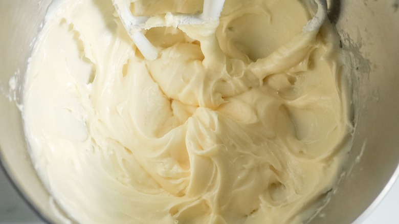 Cream cheese frosting in stand mixer bowl