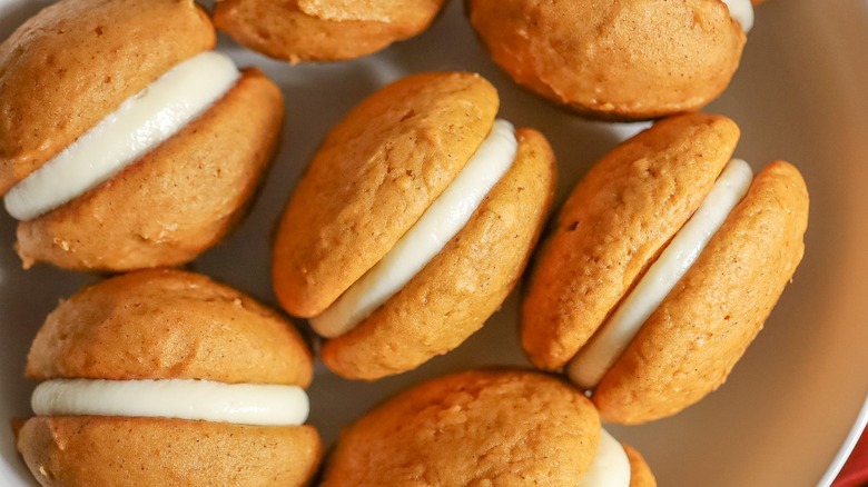 Close up of pumpkin whoopie pies in bowl