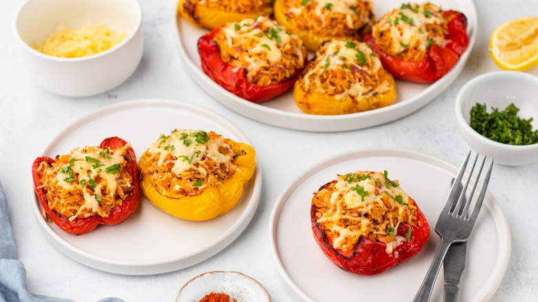 Seafood stuffed peppers on plates