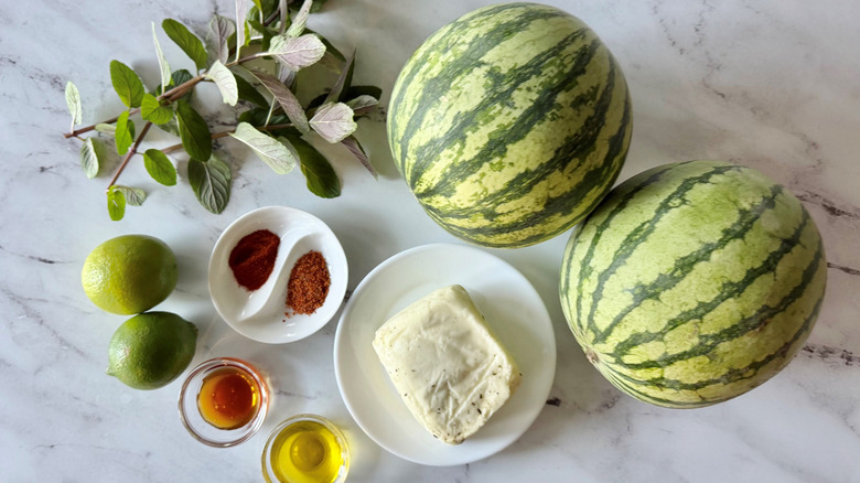 Watermelon and halloumi skewer ingredients