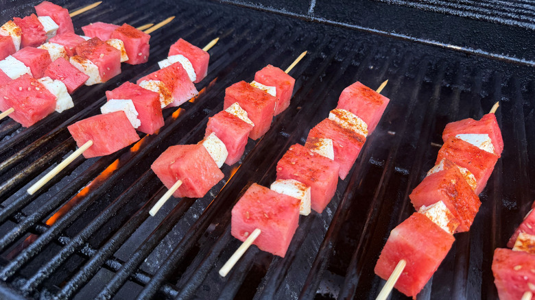 Watermelon and halloumi skewers on grill