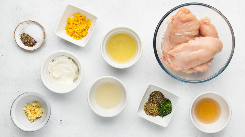 Lemon herb chicken skewers ingredients laid out