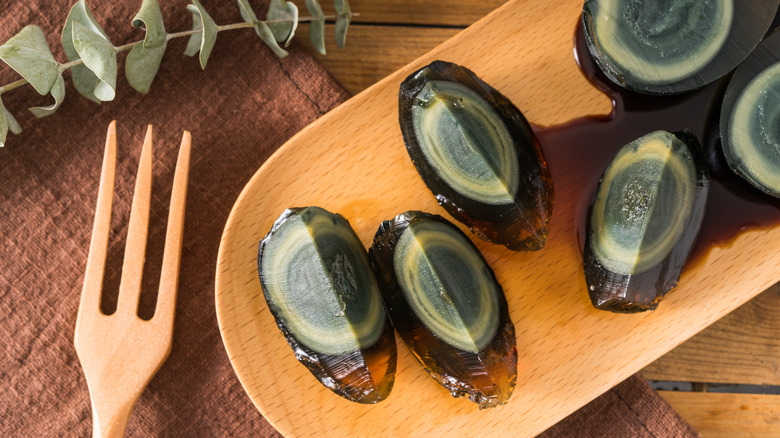 Sliced century eggs