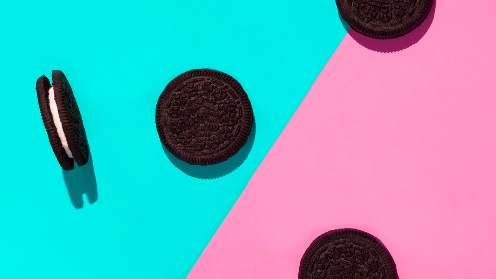 Oreos on a blue and pink background