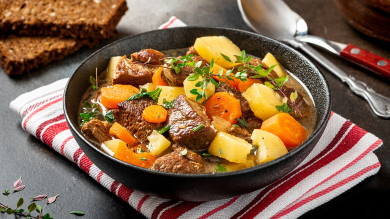 A stew made from potatoes, carrots, and meat
