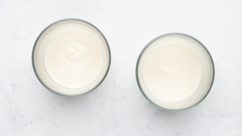 Top down view of two glasses containing Greek yogurt