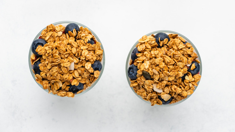 Top down view of two glasses of breakfast parfait