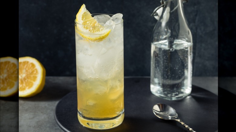 John Collins cocktail garnished with a lemon, on a tray with a carafe of soda water and a bar spoon