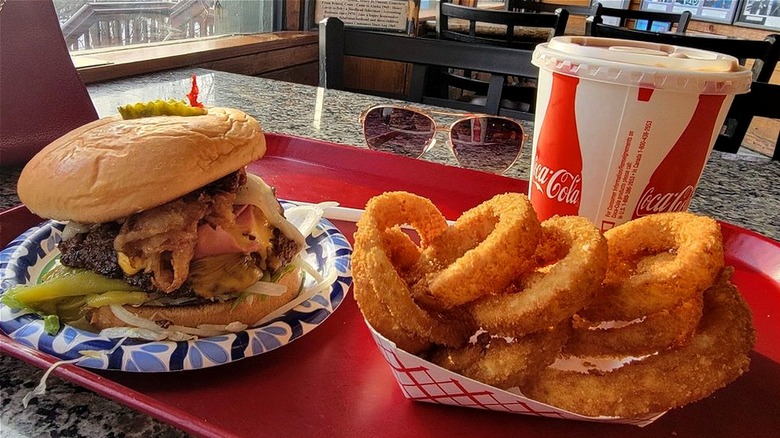 A burger and onion rings from Arctic Roadrunner